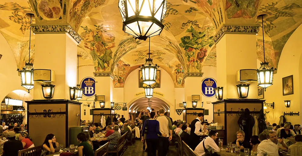 The interior of a large traditional beer hall — the kind of place most people never think to ask for the wine list.