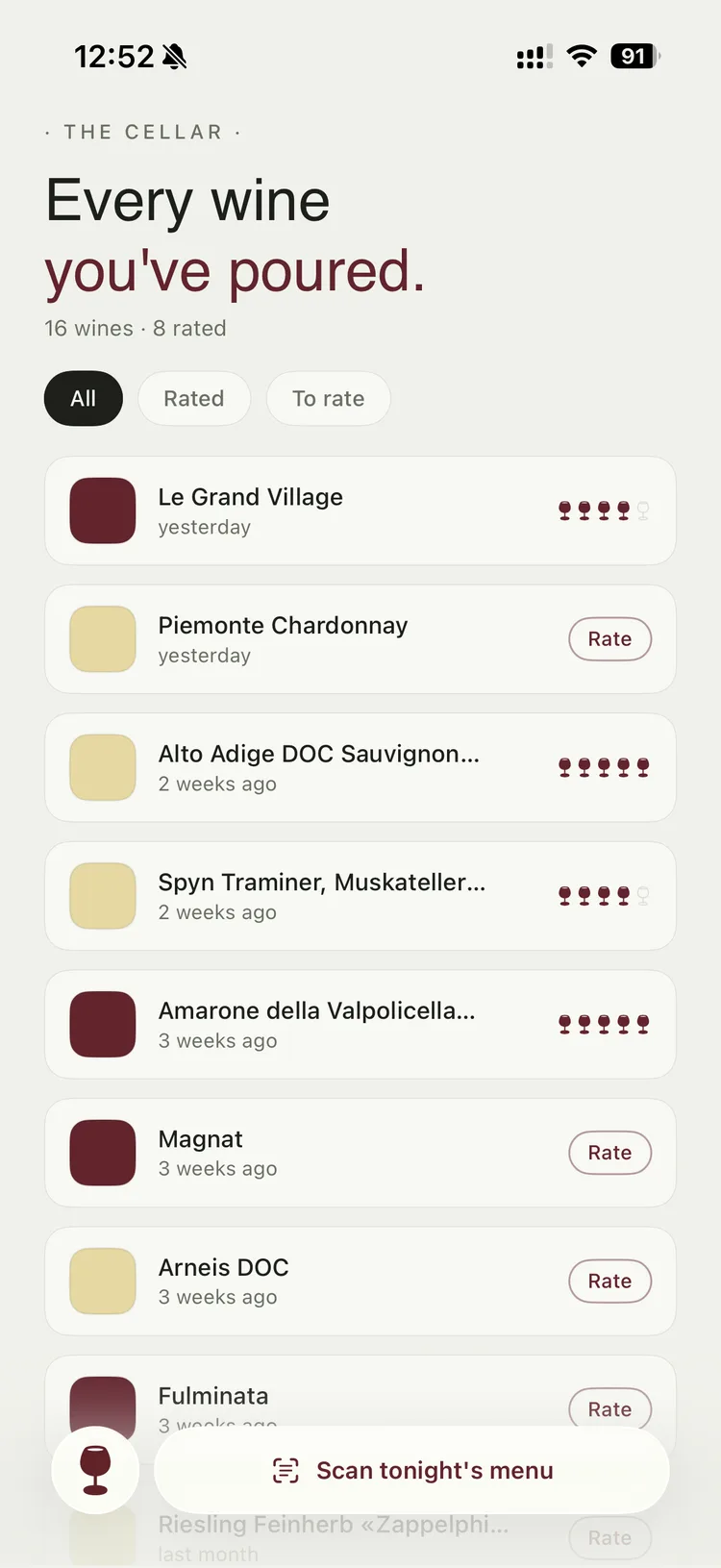 The cellar screen listing every wine you have poured, with ratings and wines still to rate.