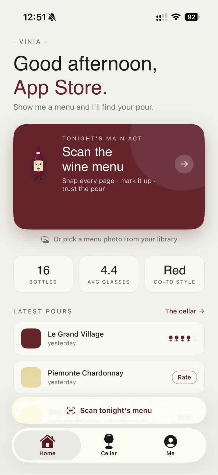 Vinia's home screen greeting you by name with a large card to scan tonight's wine menu and your latest pours.