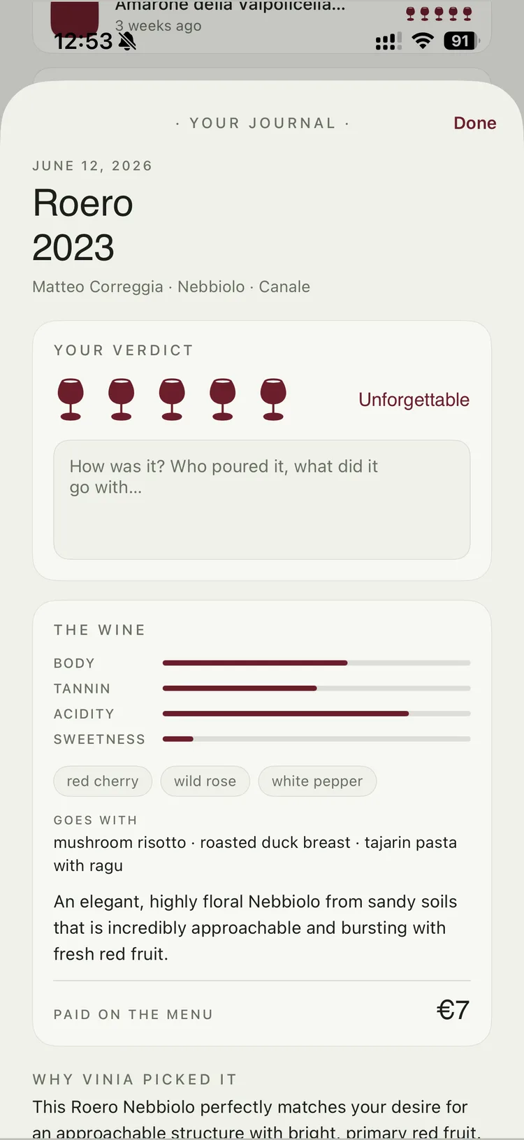 A wine journal entry for a Roero Nebbiolo rated five glasses, with tasting notes, food pairings and the reason Vinia picked it.