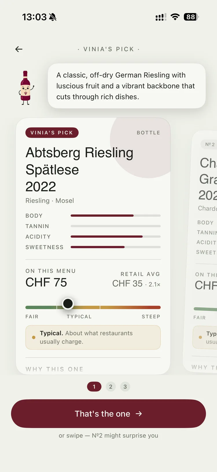 Vinia's pick: an Abtsberg Riesling Spätlese with body, tannin, acidity and sweetness bars and the menu price shown against typical retail.