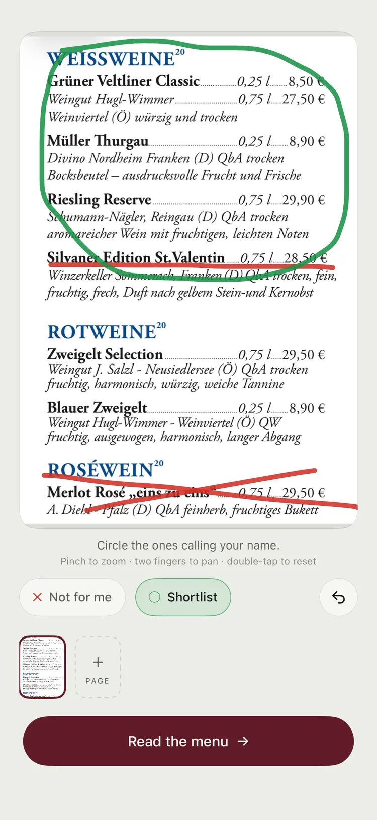 Vinia's markup screen: a photographed wine list with a green circle around the shortlisted whites and red strikes through the wines to skip.