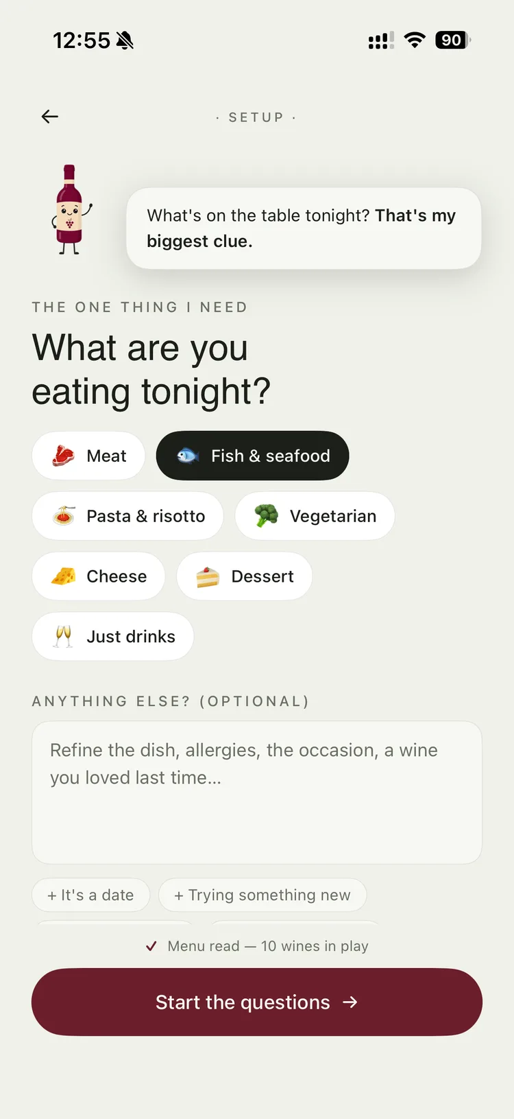 Vinia asking what you are eating tonight, with options for meat, fish, pasta, vegetarian, cheese, dessert or just drinks.